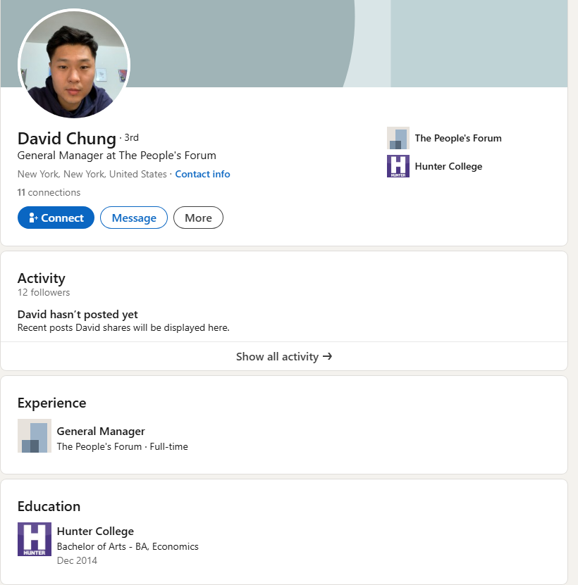 David Chung LinkedIn profile — Hunter College / The People's Forum