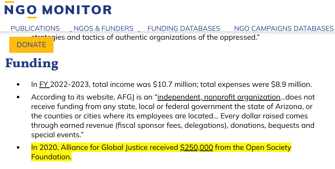 NGO Monitor — Tides Foundation Funding to NGOs table, Alliance for Global Justice amounts