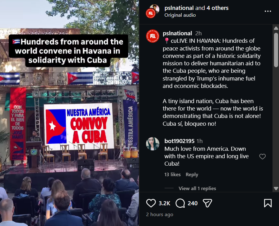 Instagram reel — Hundreds convene in Havana in solidarity with Cuba, Nuestra América Convoy, 3.2K likes