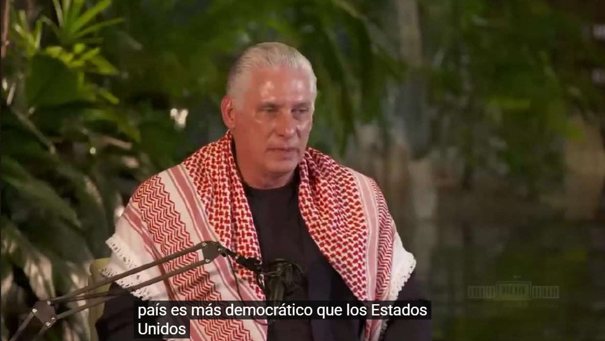 Video still — Díaz-Canel claiming Cuba is more democratic than the United States, Spanish subtitle visible