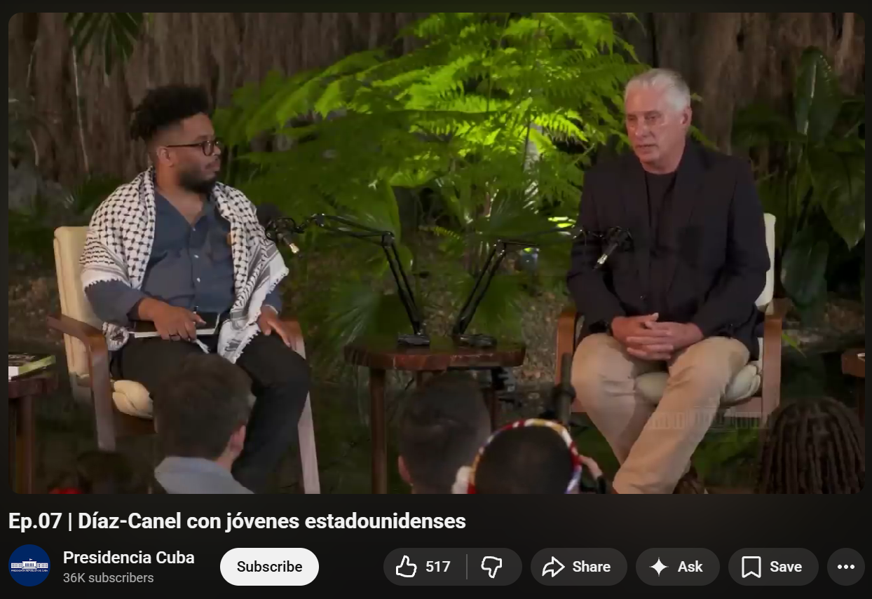 YouTube screenshot — Manolo De Los Santos and Díaz-Canel in filmed sit-down interview, Presidencia Cuba channel