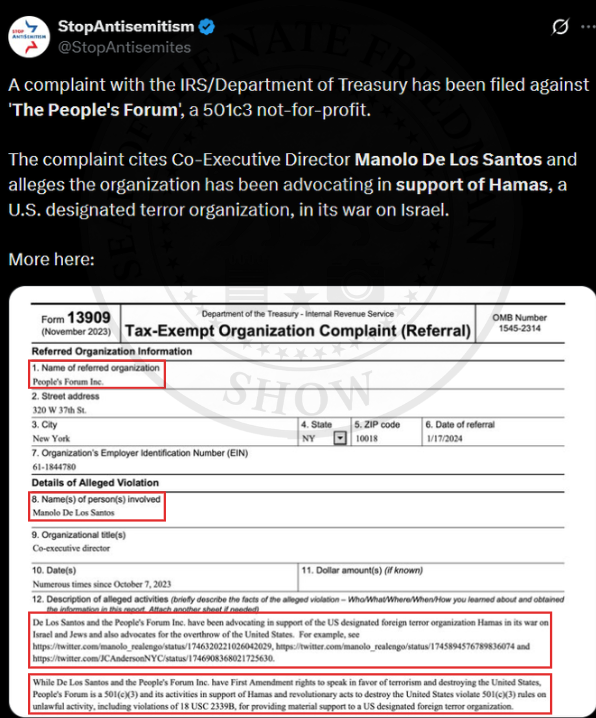 @StopAntisemites tweet about IRS Form 13909 complaint against The People's Forum
