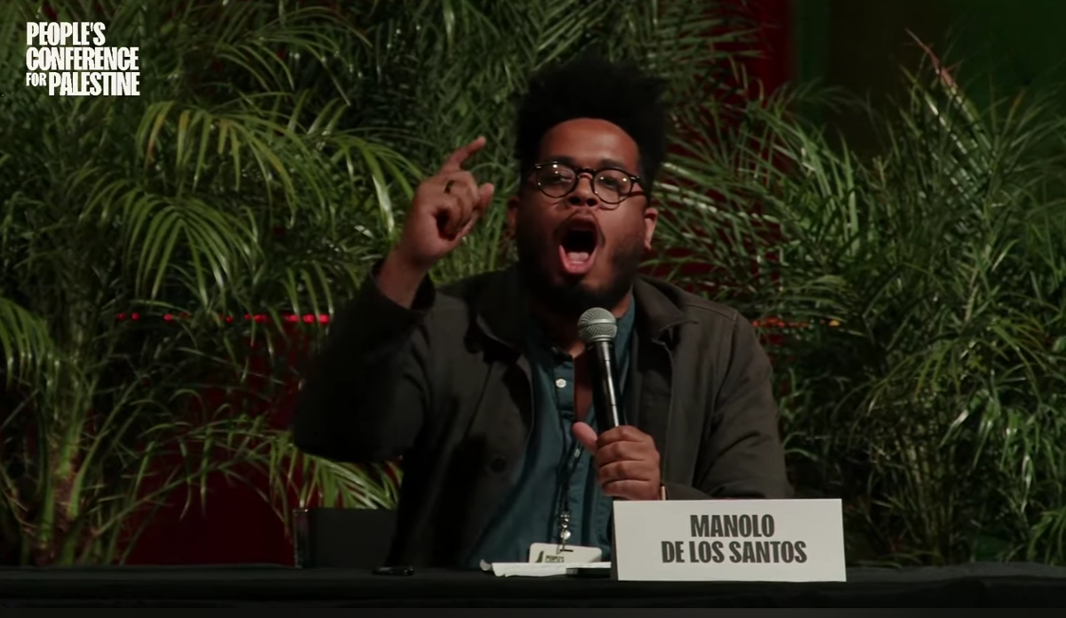 People's Conference for Palestine panel — Manolo De Los Santos circled in red at far right