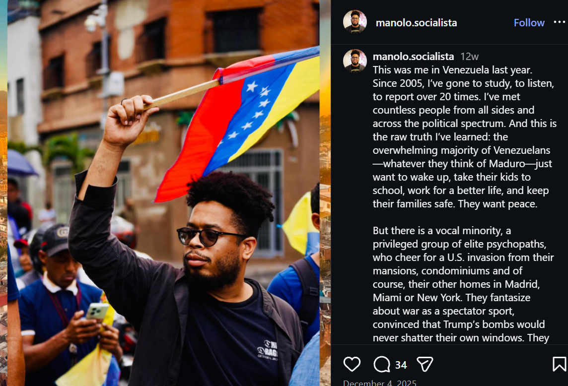 Instagram post — Manolo De Los Santos waving Venezuelan flag, noting 20+ visits since 2005