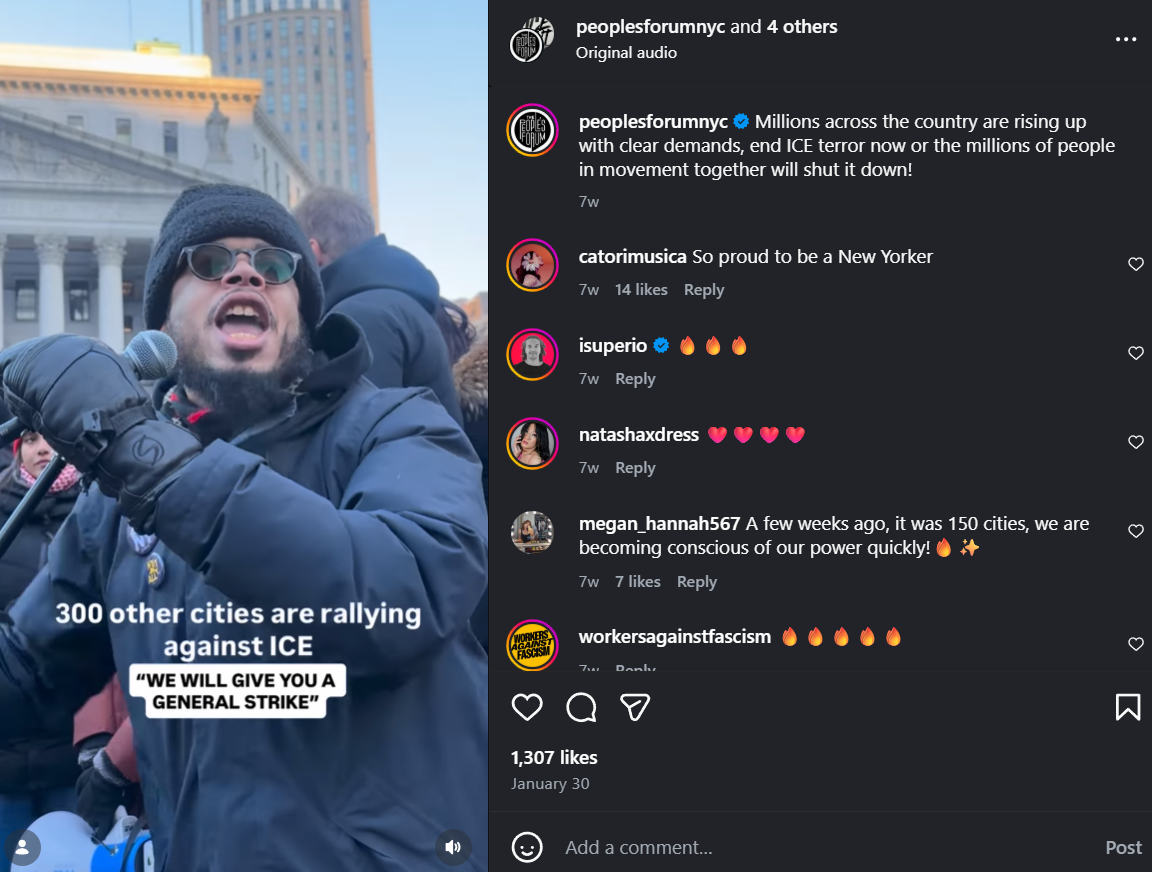 Instagram reel WE WILL GIVE YOU A GENERAL STRIKE caption, 1,307 likes