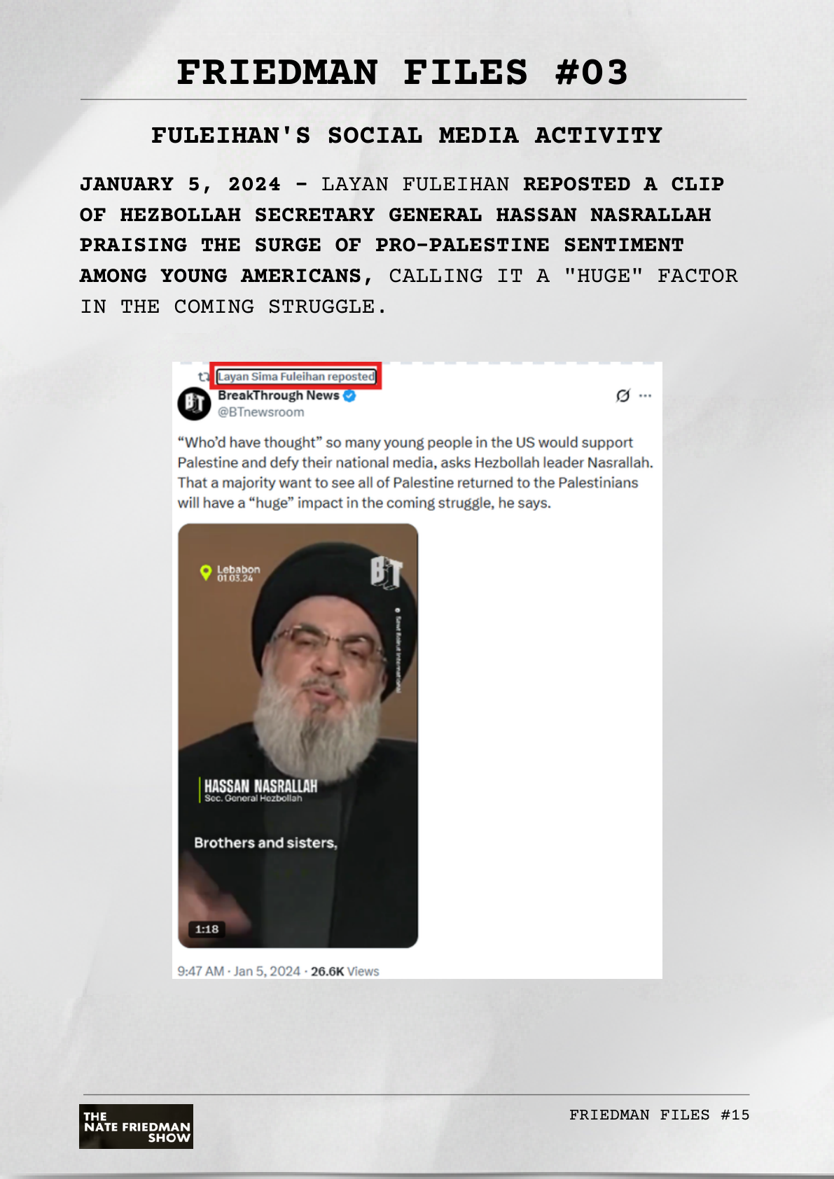 Repost — Hezbollah Secretary General Hassan Nasrallah, January 5 2024