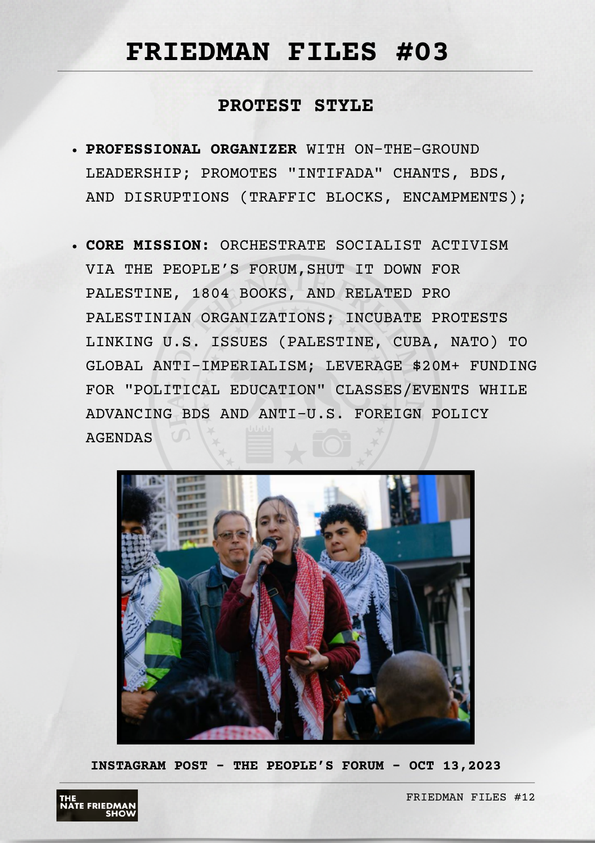 Layan Fuleihan protest style — red keffiyeh, black shirt